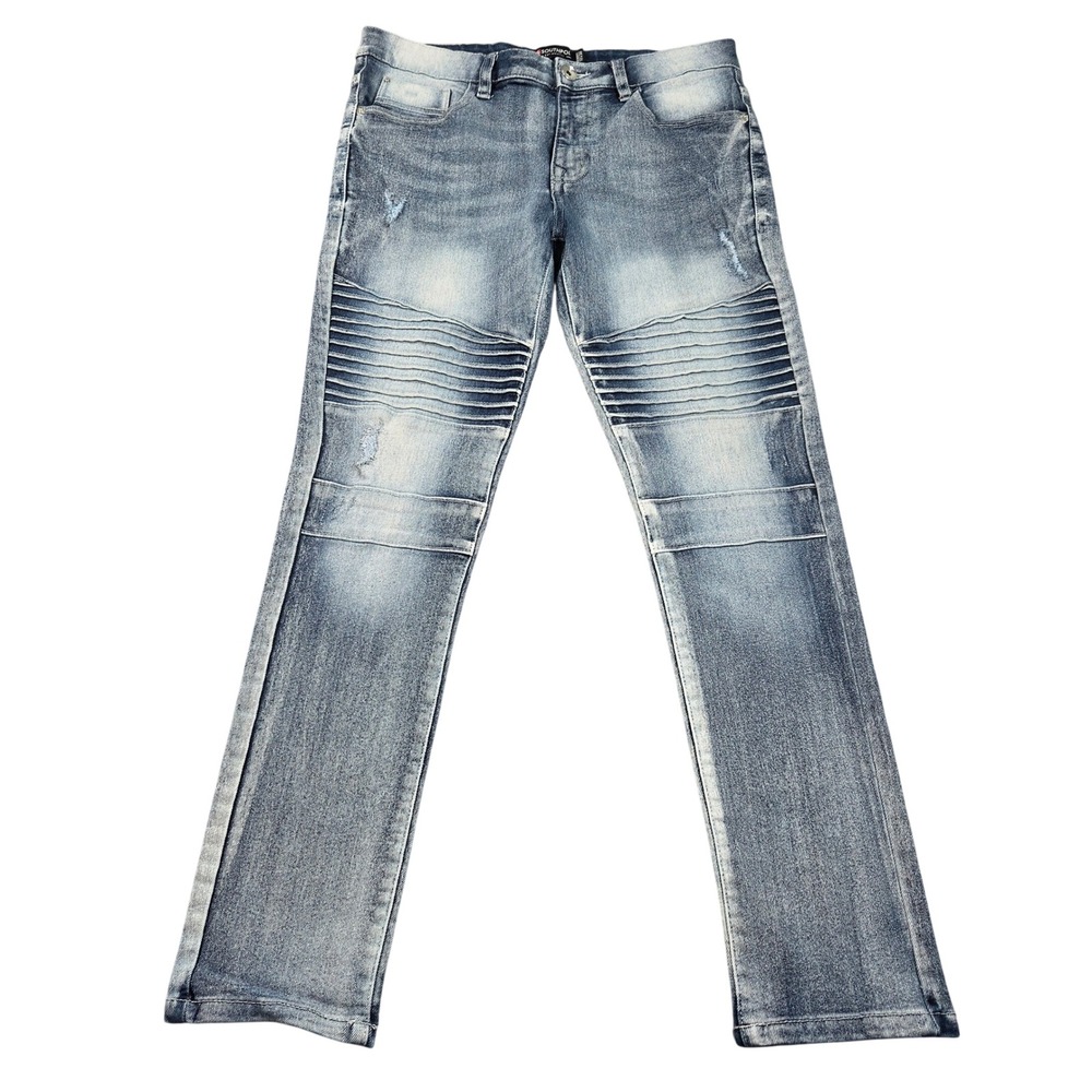 Southpole Skinny Moto Jeans Mens 32x30 Blue Light Wash Distressed Ribbed Knee